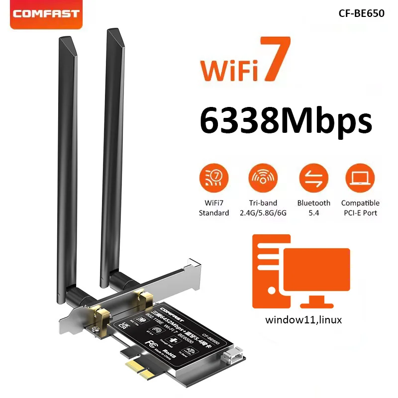 comfast-6334mbps-pci-e-wifi-7-ネットワークカード-intel-amd-wi-fiアダプター-トリプルバンド-24g-5g-6ghz-bt54-win11-linux対応