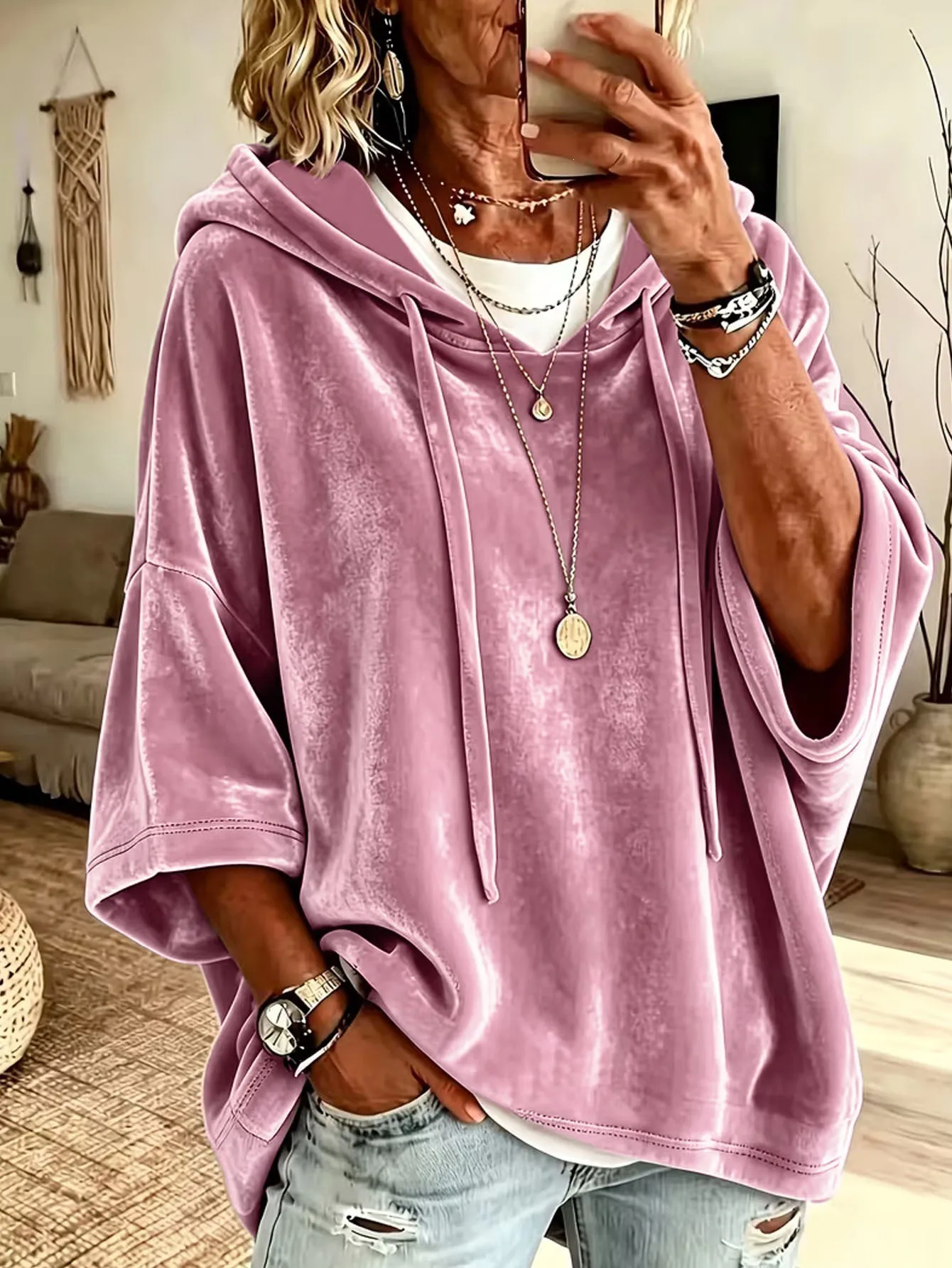 Picture 6: New Autumn Winter Women Solid Velvet Hoodie 3/4 Sleeve Casual Tops(4XL-5XL))