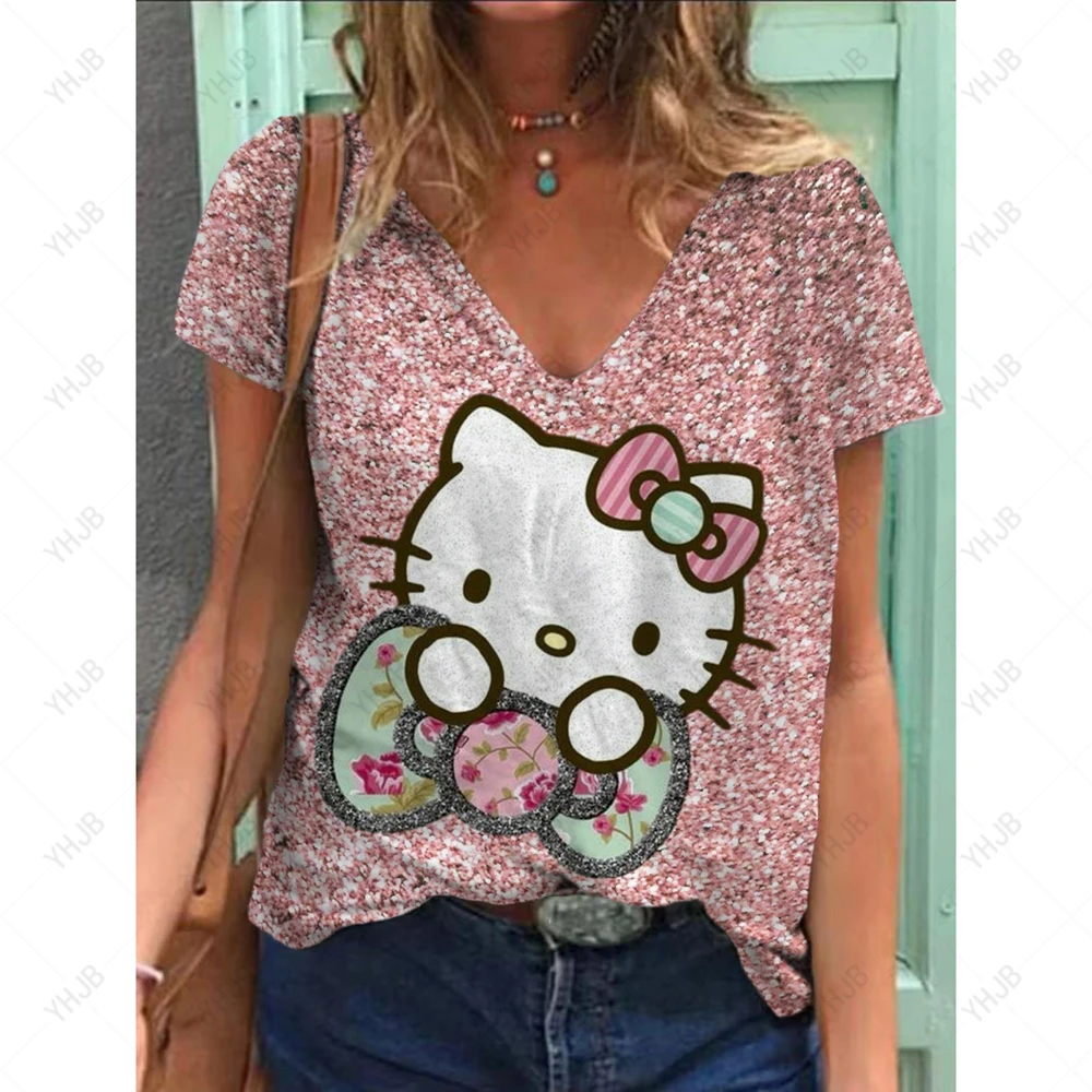 Hello Kitty 3D Print T Shirt Summer Women V-Neck Casual Tees Y2k Tops Fashion Woman Streetwear Harajuku Oversized T-shirts 