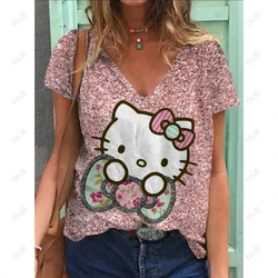 Hello Kitty 3D Print T Shirt Summer Women V-Neck Casual Tees Y2k Tops Fashion Woman Streetwear Harajuku Oversized T-shirts ﻿