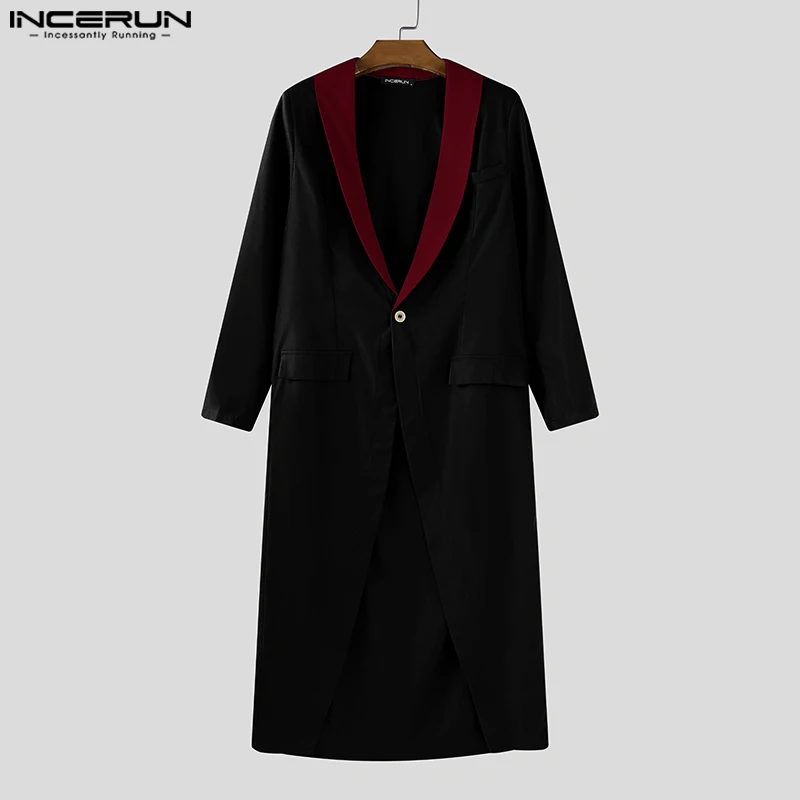 เสื้อเบลเซอร์ผู้ชาย INCERUN แบบต่อผ้า ปกเสื้อแบบปกเชิ้ต แขนยาว กระดุมเดียว สไตล์ลำลอง เสื้อเบลเซอร์ทรงยาว แฟชั่นสตรีทแวร์ผู้ชาย ปี 2025 ชุดสูทผู้ชายสุดหรู