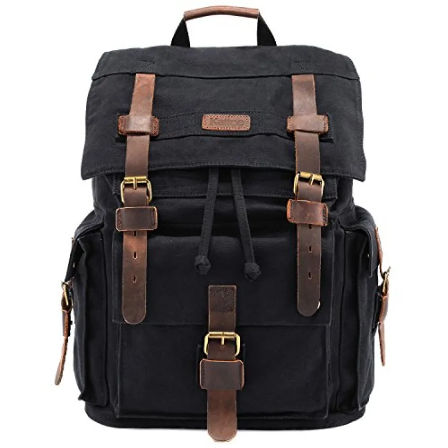 

Men's Leather Canvas Backpack Large School Bag Travel Rucksack