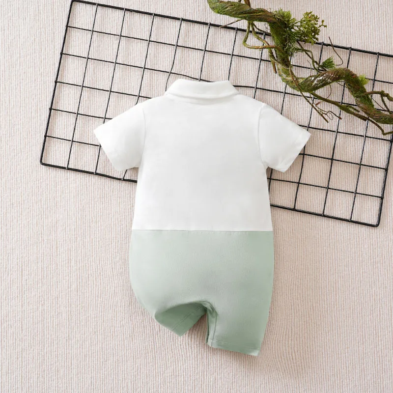 Newborn Baby Boy Formal Romper, Short Sleeve Striped Vest Bow Tie Fake Onesie, Gentleman Cotton Wedding Birthday Party Jumpsuit