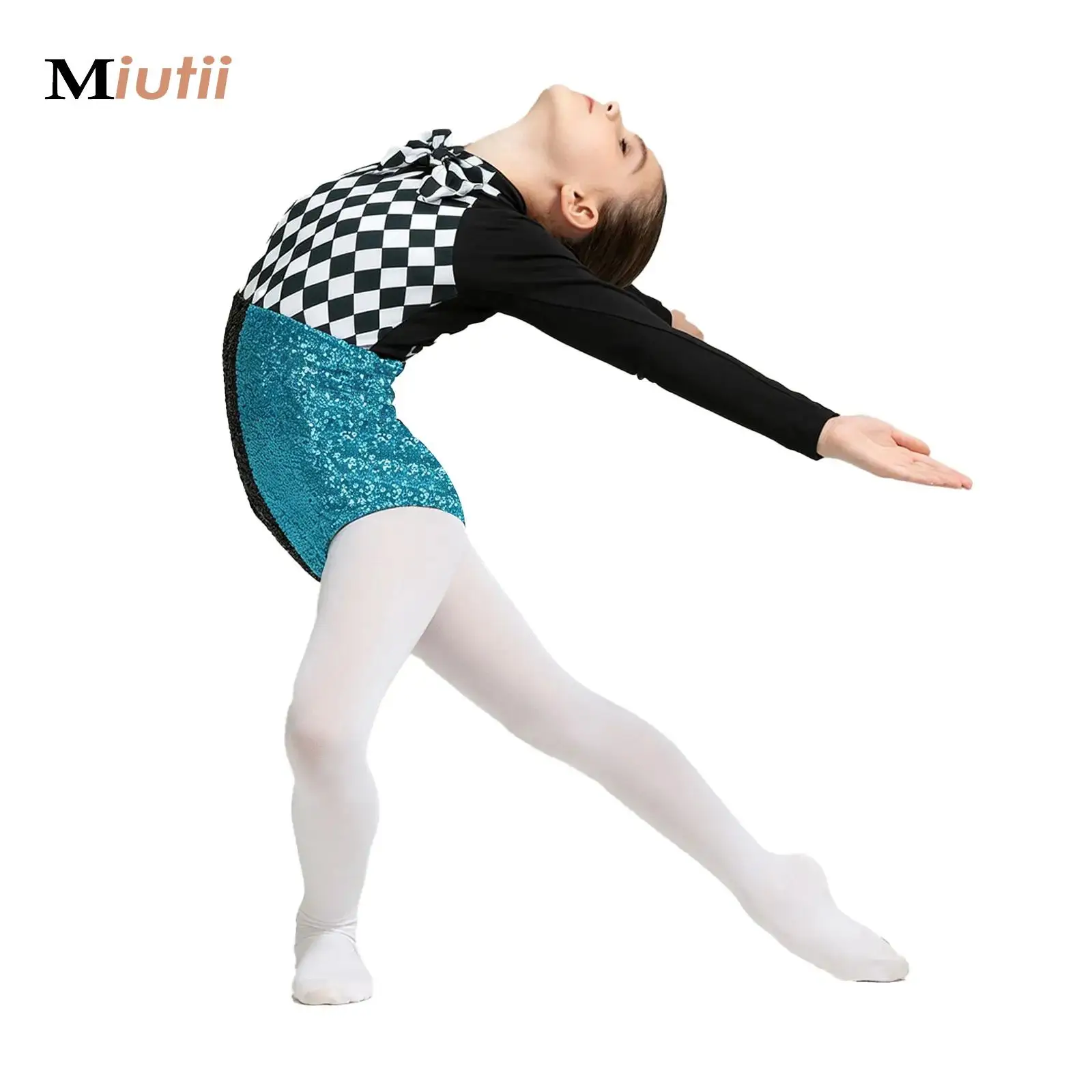 Children Ballet Dance Leotard Checkerboard Bow Tie Bodysuit Girls Circus Ringmaster Costume Jumpsuit Gymnastics Skating Outfit