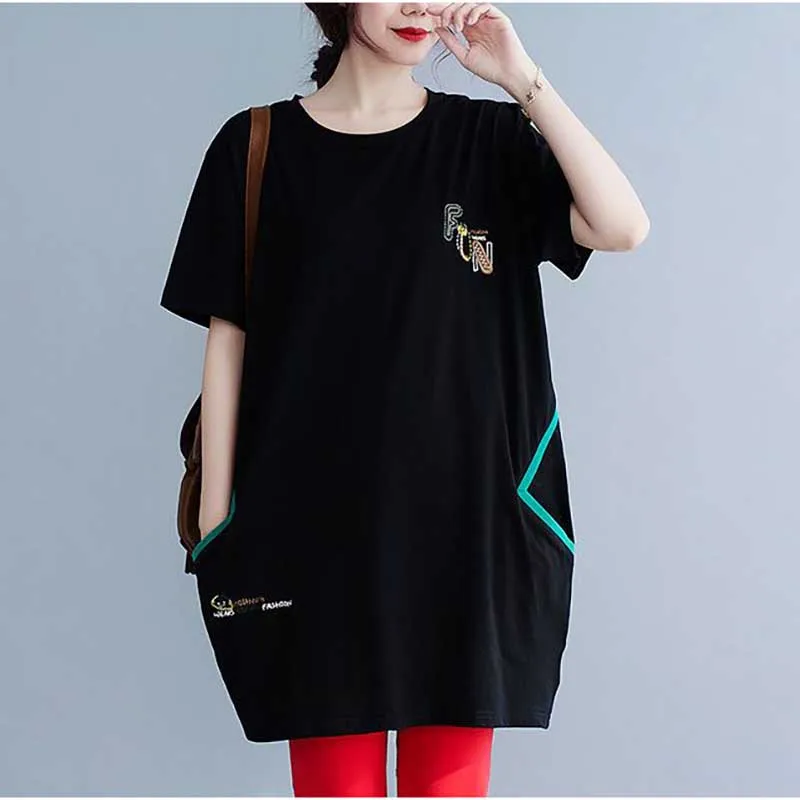 Fashion O-Neck Pockets Spliced Casual Printed T-Shirts Women\'s Clothing 2024 Summer New Oversized Korean Tops Commuter Tee Shirt