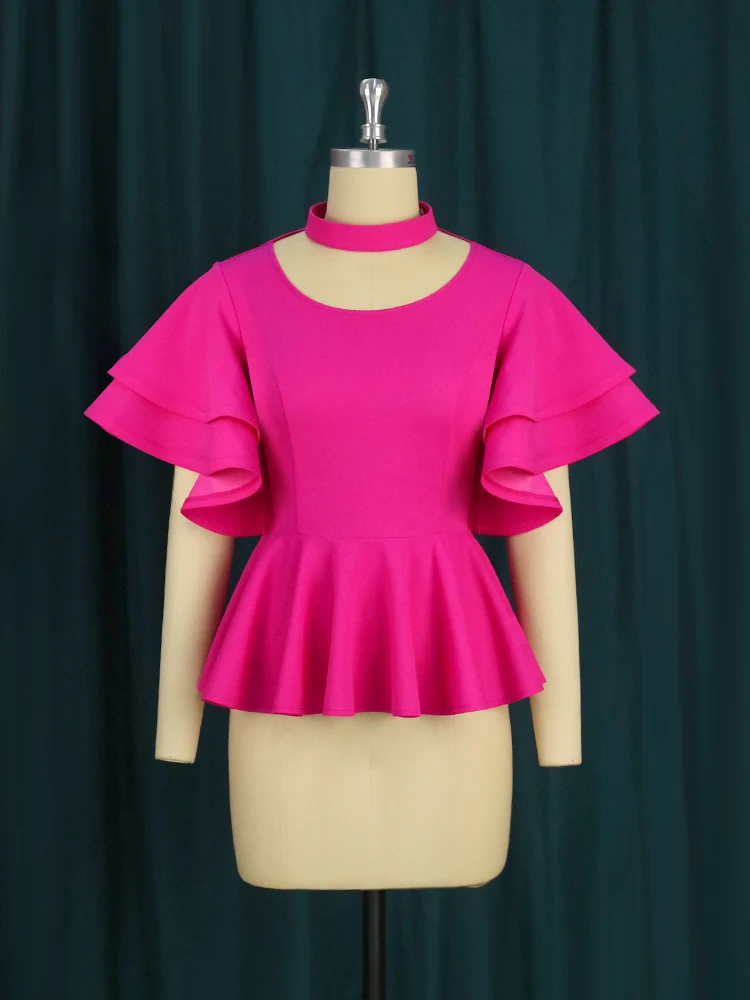 Women Summer Fuchsia Tops Halter High Neck Layered Flare Sleeve Peplum Shirt Blouses Elegant Fashion Large Size Stretch Clothes