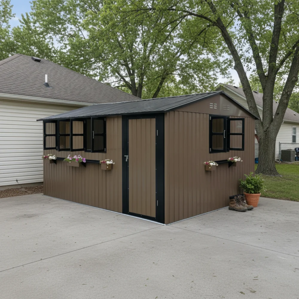 

12x10 FT Outdoor Metal Storage Shed with 3 Clear Windows & Decorative Flower Rack, Lockable Single Door Tool Shed