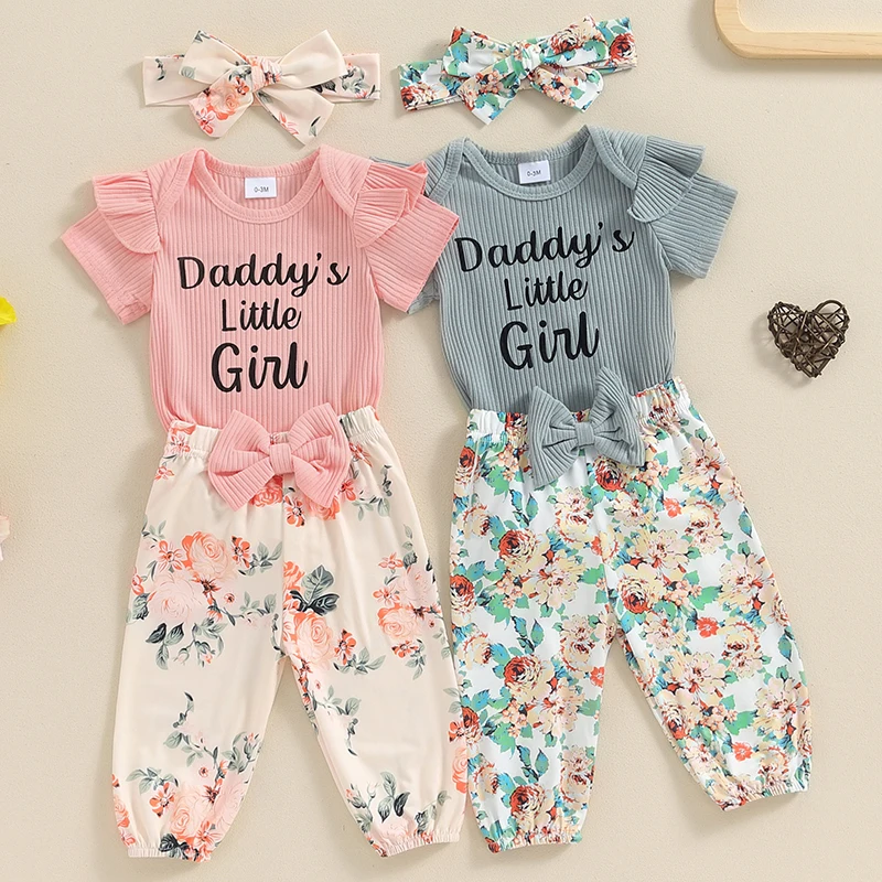 2024-04-15 Lioraitiin 0-18M Summer Baby Girls Outfit Letter Print Short Sleeves Romper and Floral Pants Headband Set