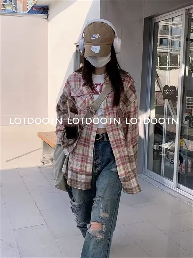 LOTDOOTN Spring New Pink Plaid Shirts Top Women Street Wear Gingham Casual Long Sleeve Top Single-Breasted Oversize Shirt Ladies