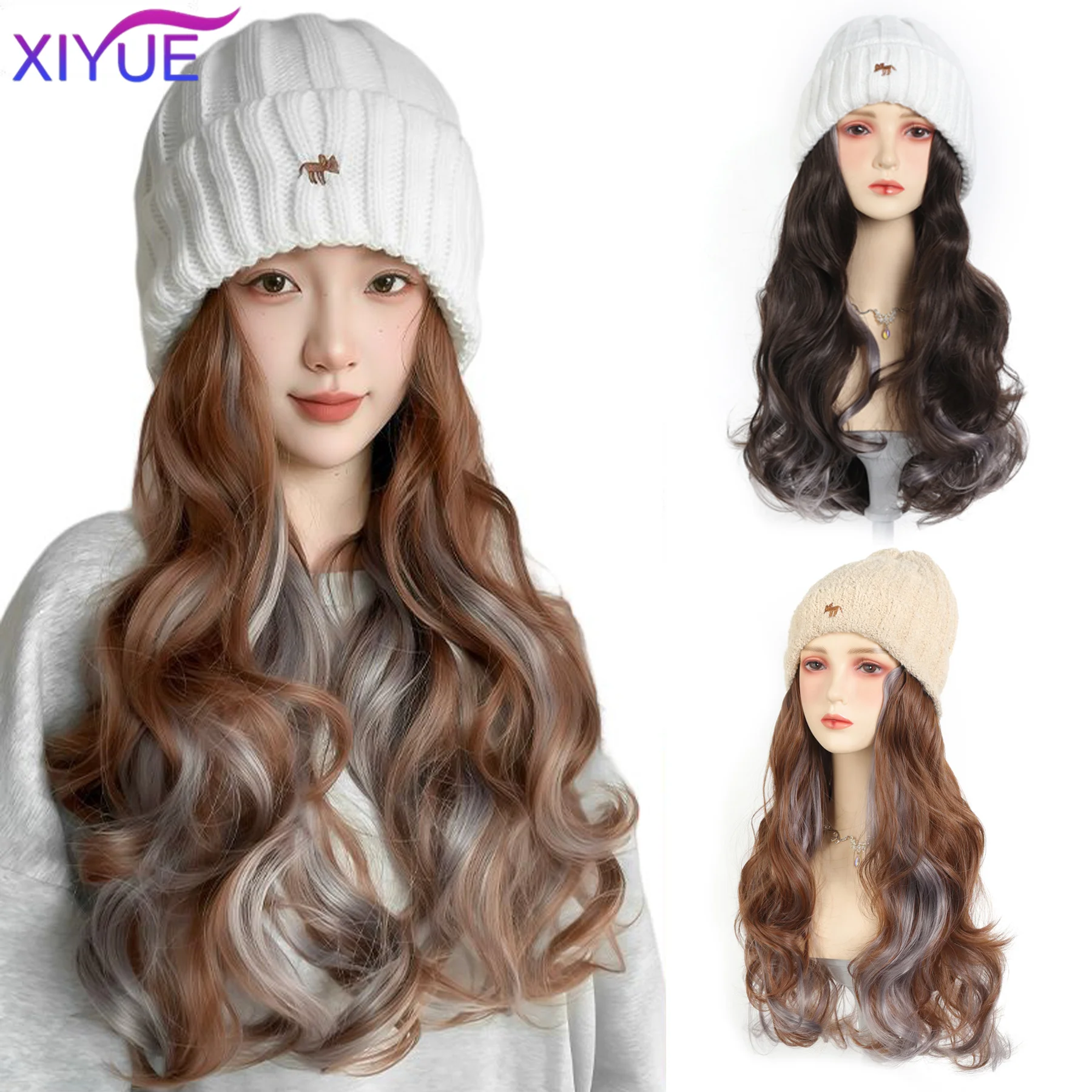 XY Synthetic Hat Wig Beanies Hat With Hair Wigs For Women Long Wavy Hair Warm Soft Ski Knitted Autumn Winter Cap Heat Resistant