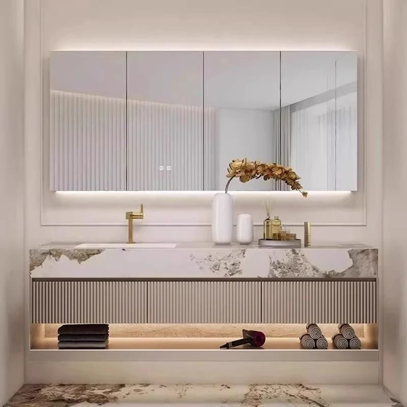 Simple bathroom bathroom cabinet combination light luxury hotel integrated smart rock slab seamless face washing hand washing