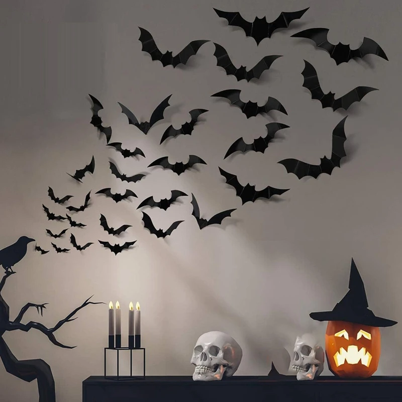 Autocollant 3D de chauve-souris pour la décoration d'Halloween, décoration de boîtier, 120 chauves-souris et 24 araignées, ruban adhésif en mousse