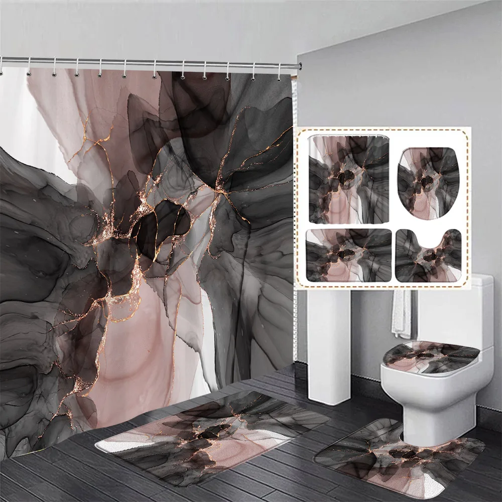 Abstract Marble Shower Curtain Set Gold Texture Grey Pattern Modern Luxury Bathroom Decor Non-Slip Rug Bath Mat Toilet Lid Cover