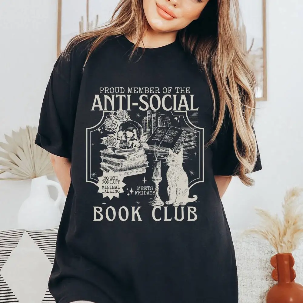 Anti-social Introvert Shirt Book Club Cotton Tees Shirts Casual O Neck Short Sleeve Loose Tshirt Summer Women Tops Streetwear