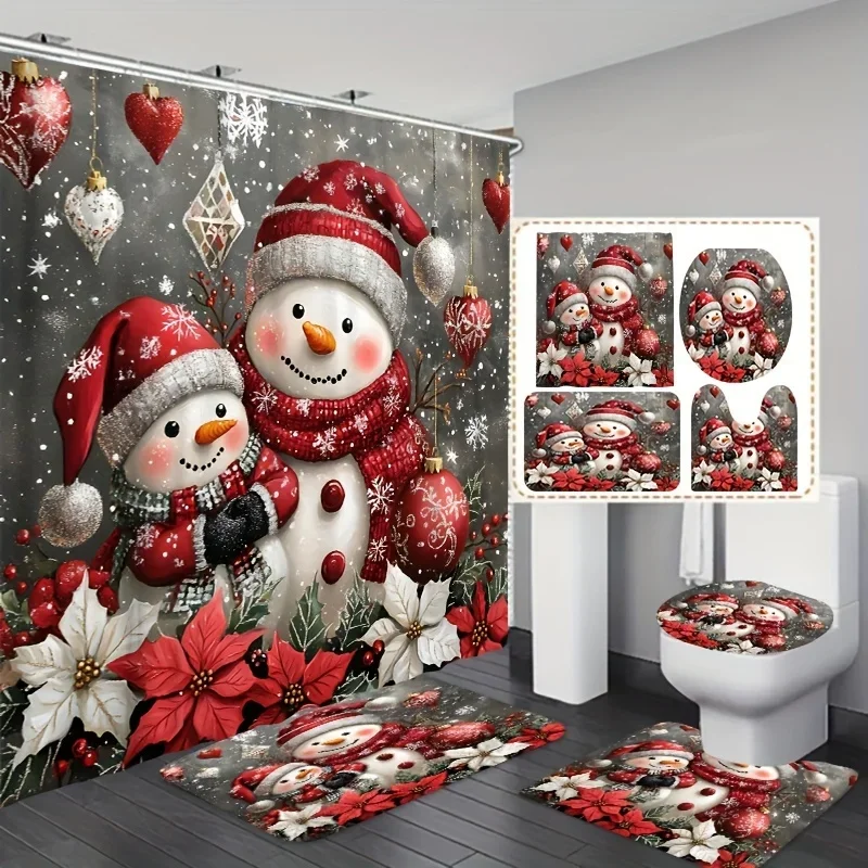 Christmas Snowman Bathroom Set with Machine Washable Fade-Resistant Polyester Bath Ensemble, Includes Hooks, Fashion Themed Acce
