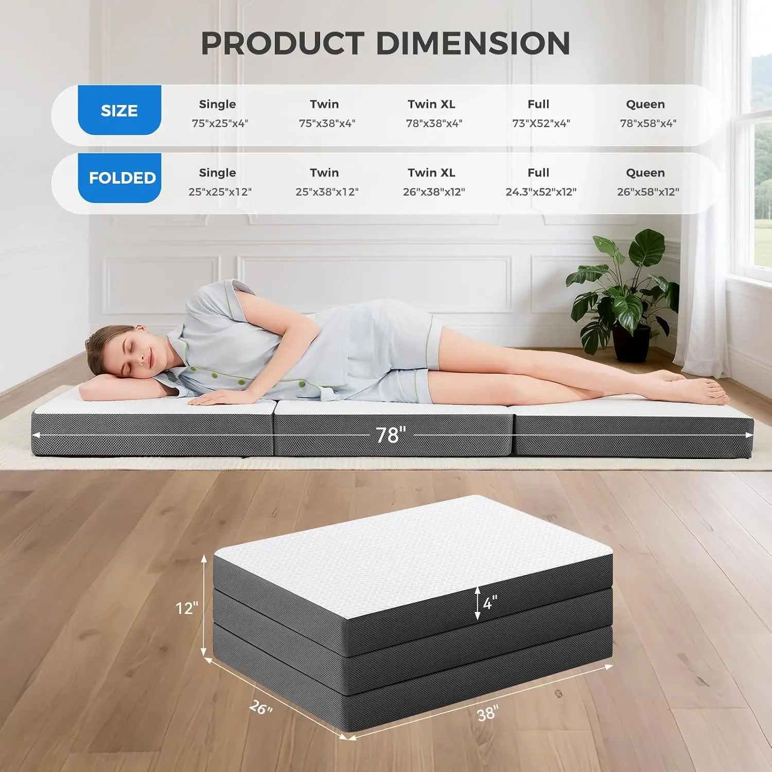 Trifold Mattress, 4 Inch Memory Foam Foldable Mattress with Washable Cover, Tri-Folding Floor Bed for Camping, Twin XL