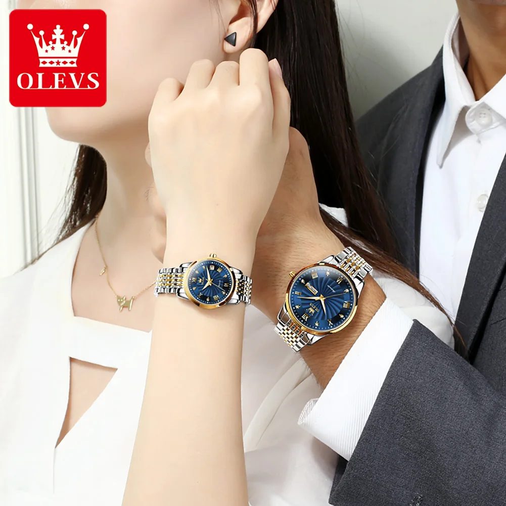 OLEVS 6630 Couple Watch Roman Diamond Scale Dual Calendar Cyclone Dial Automatic Mechanical Watch for Men Women Sets Gift