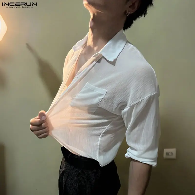 

INCERUN Men Shirt Solid Lapel Long Sleeve See Through Men Clothing Streetwear 2026 Sexy Party Fashion Male Tops S-5XL Camisas