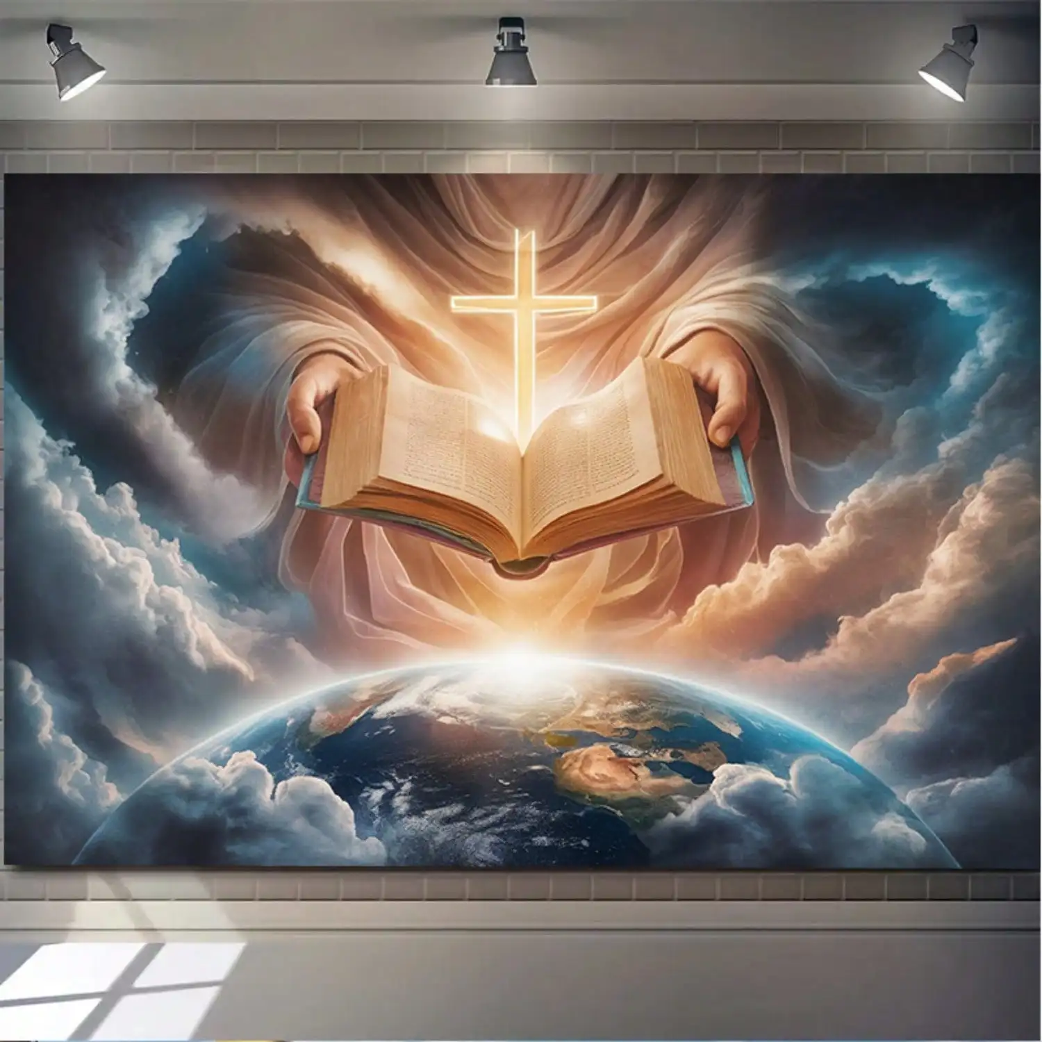 Christian Bible Tapestry - Holy Cross & Earth, Divine Hands Wall Art, Faith & Spiritual Decor, Multiple Sizes