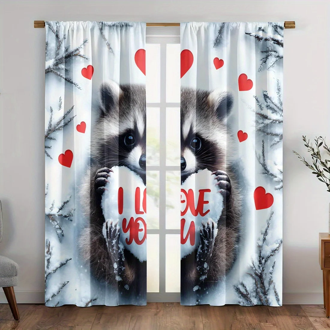 Cute Panda Heart Window Curtains Drapes Love Valentine Decor Winter Bear Family Photo Room Accent Window Panels