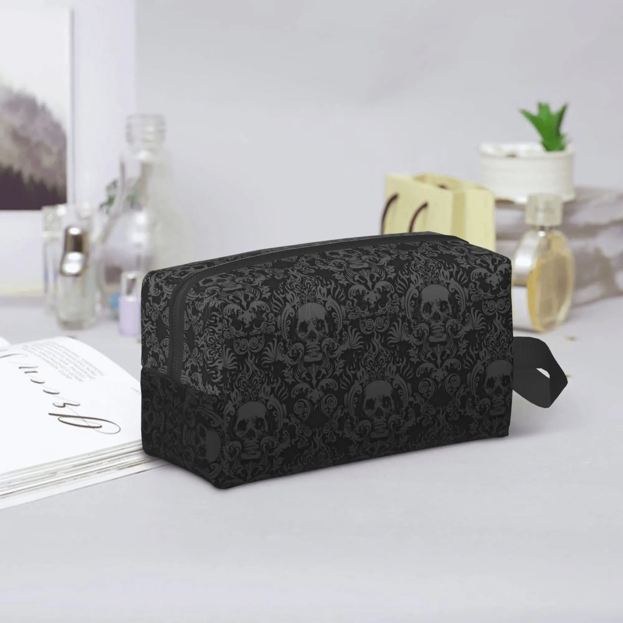 Gothic Black Skull Damask Portable Travel Storage Bags Funny Large Capacity Tote Cosmetic Bag Bathroom Makeup Bag Waterproof