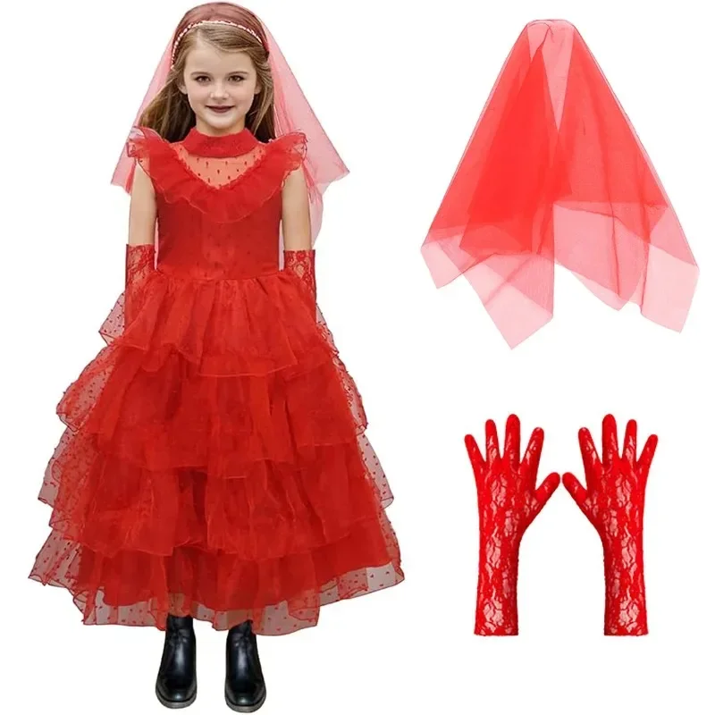 Lydia Deetz Red horror Ghost Bride cosplay dress girls tulle gown veil gloves for Kids Halloween Christmas party dress up 3-14y