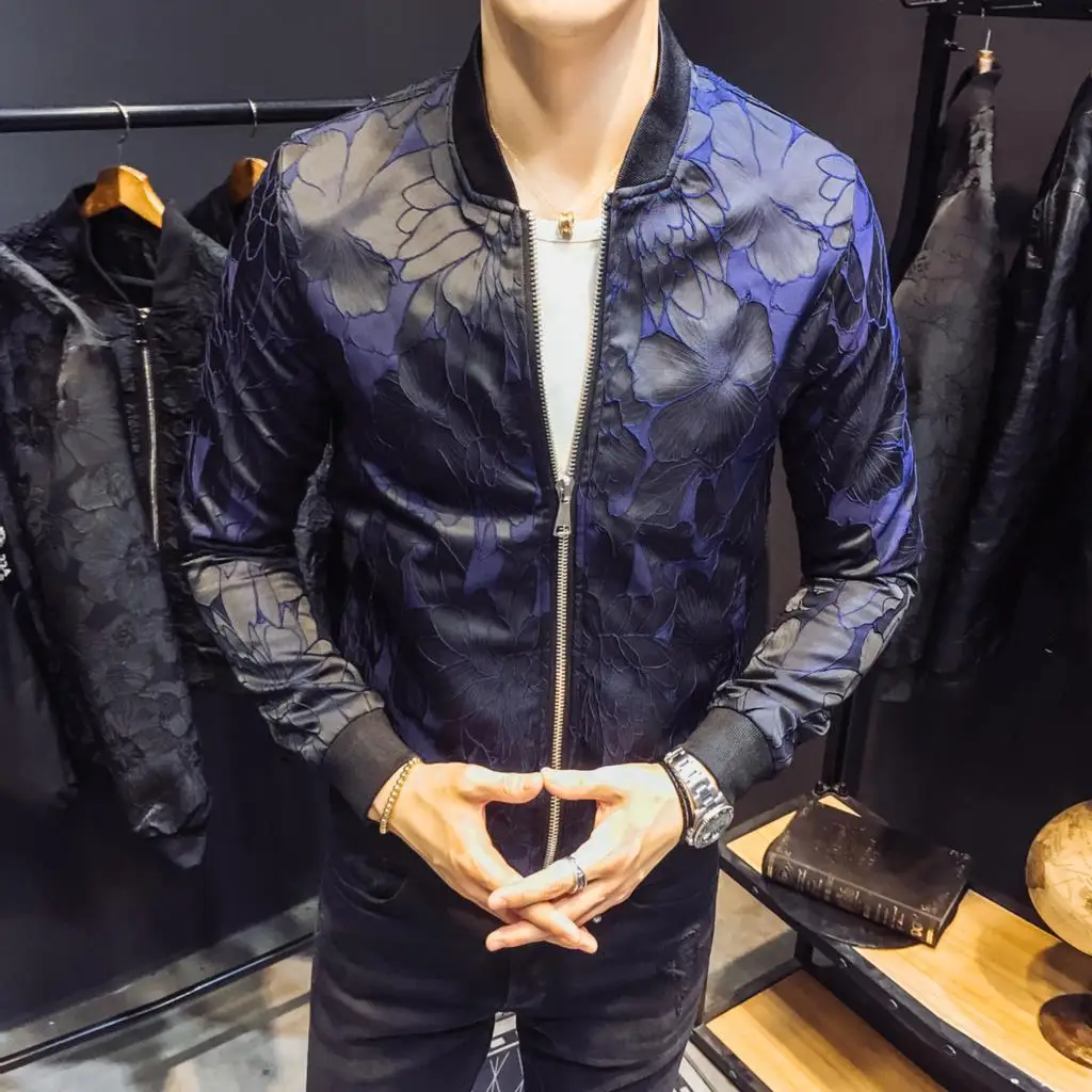 

Designer Jacket Patterns Blue Black Nice Pop Autumn Club Patty Baroque Bomber Jackets Men Jacquard Club Outfit Men Slim Fit 4XL