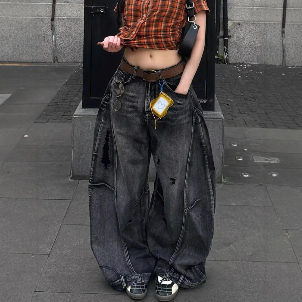 2026 Spring Women Vintage Washed Distressed Baggy Jeans Deconstructed Wide Leg Curved Streetwear Hip Hop Jazz Dance Pants