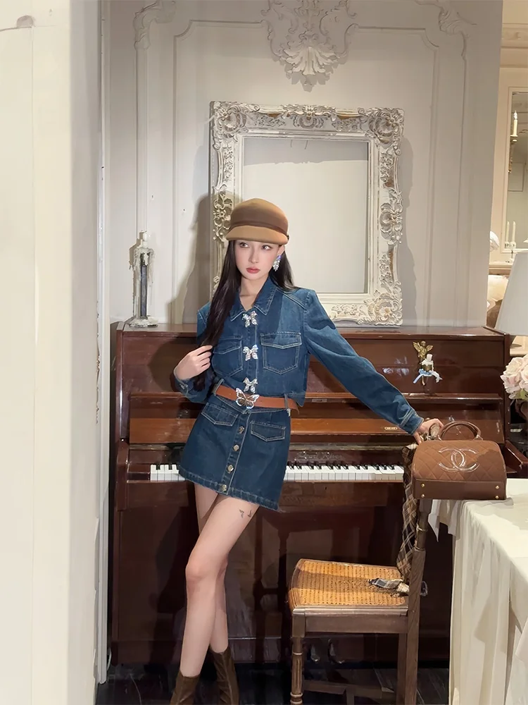 

Оригинальный комплект PITAO: джинсовая юбка-брюки с утягивающим эффектом, высококачественные винтажные джинсы для женщин...