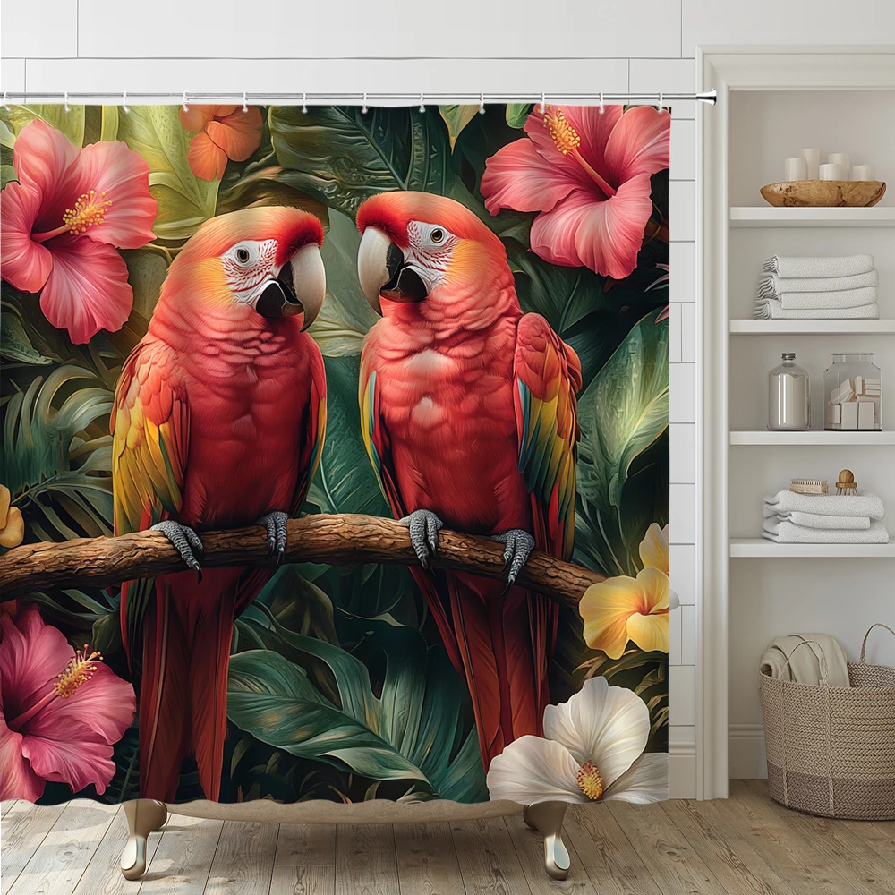 Tropical Birds Shower Curtain Set Parrot Jungle Leaf Floral Botanical Wildlife Animal Bathroom Curtain Bath Mat Rug Toilet Cover