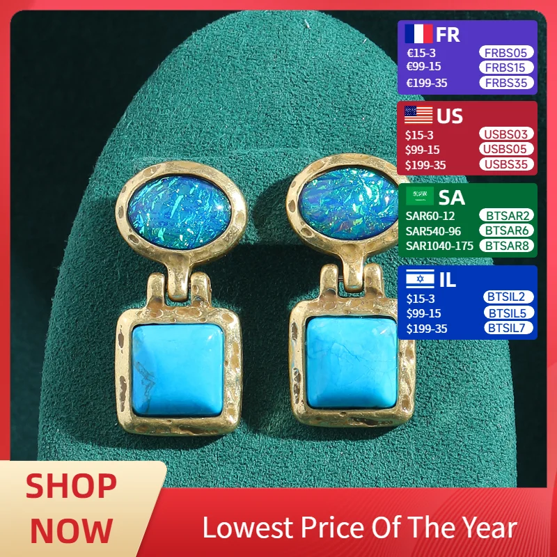 Vintage Opal Earrings Square Blue Turquoise Jewelry Luxury Opal Natural Stone Drop Dangle For Woman 2025 High Quality Designer