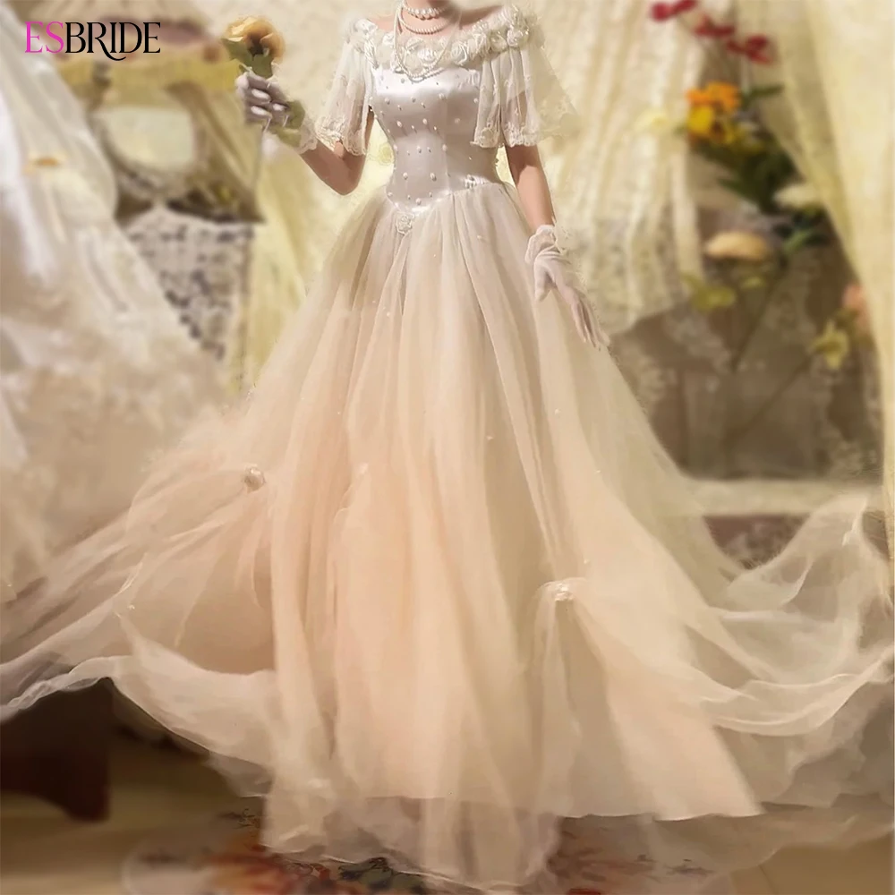 

ESBRIDE Vintage Luxury Champagne Wedding Dress Lace Pearl Embroidery Fluffy Skirt Bridal Dress 2025 New Ball Gown Customized