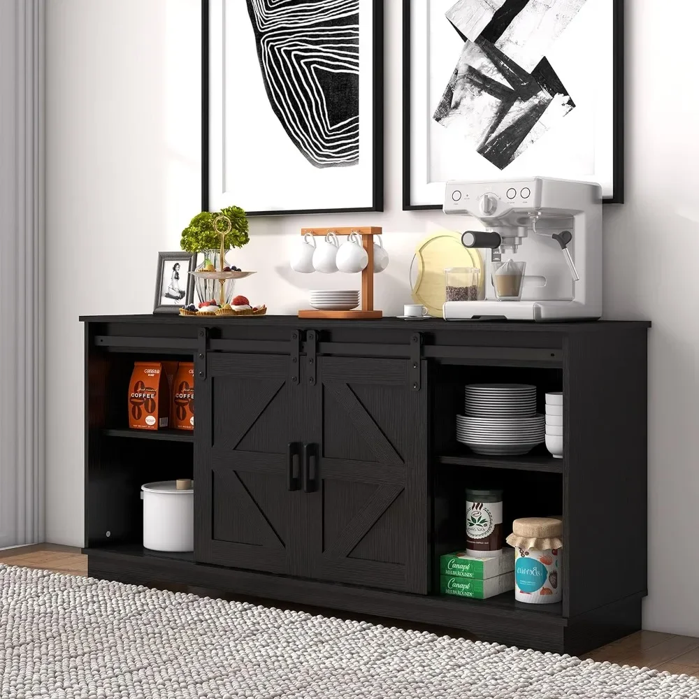 

Bar Cabinet with Barn 2 Sliding Doors Buffet Farmhouse Storage Cabinet TV Stand (Black)15.75"D x 57.87"W x 28"H