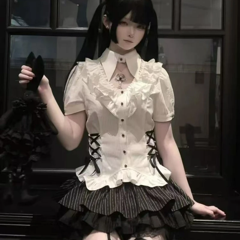 Japanese Gothic Style Lolita 2 Piece Sets Women Sweet White Bandage Blouses High Waist Bow Stripe Mini Skirts Kawaii Y2k Outfits view 2