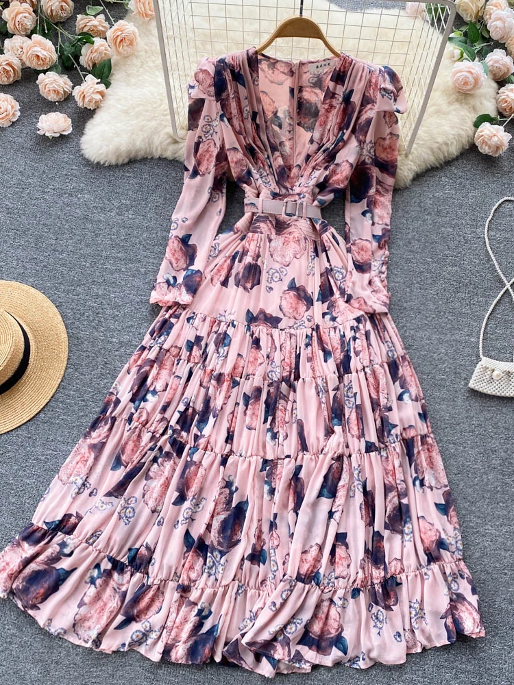 

Autumn Women Floral Chiffon Long Dress Elegant Deep V-Neck High Waist A-Line Draped Maxi Vestidos Vacation Beach Robe New