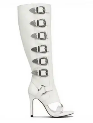Femmes chaudes noir rouge blanc cuir boucles en métal Clip orteil clair PVC talon aiguille genou sandales hautes bottes à talons hauts bottes longues