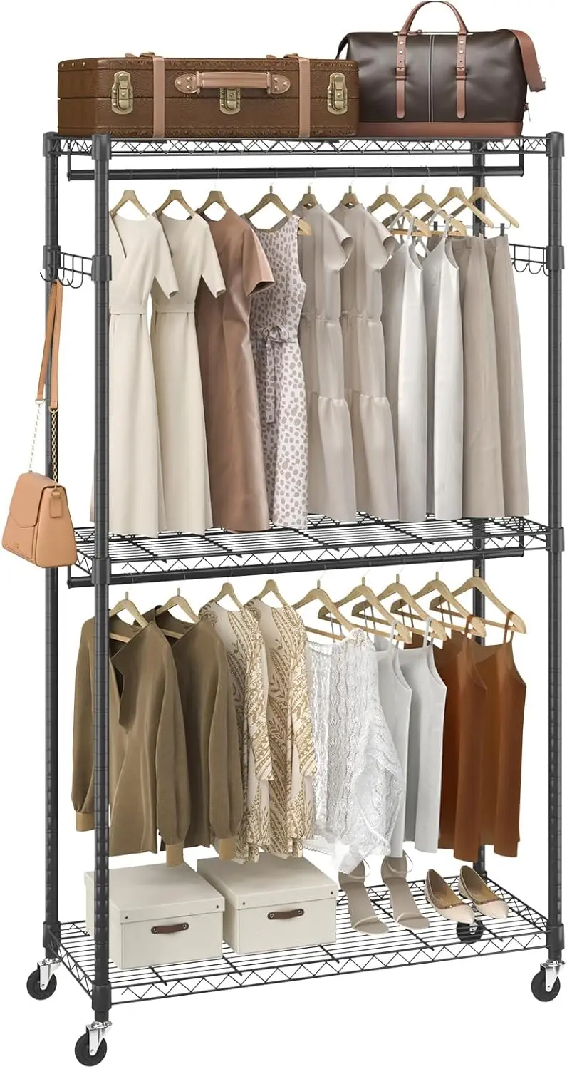 

Heavy Duty Clothes Rack, Rolling Clothing Garment Rack with 3 Storage Tiers, 2 Rods and 2 Pairs Side Hooks, Adjustable Height