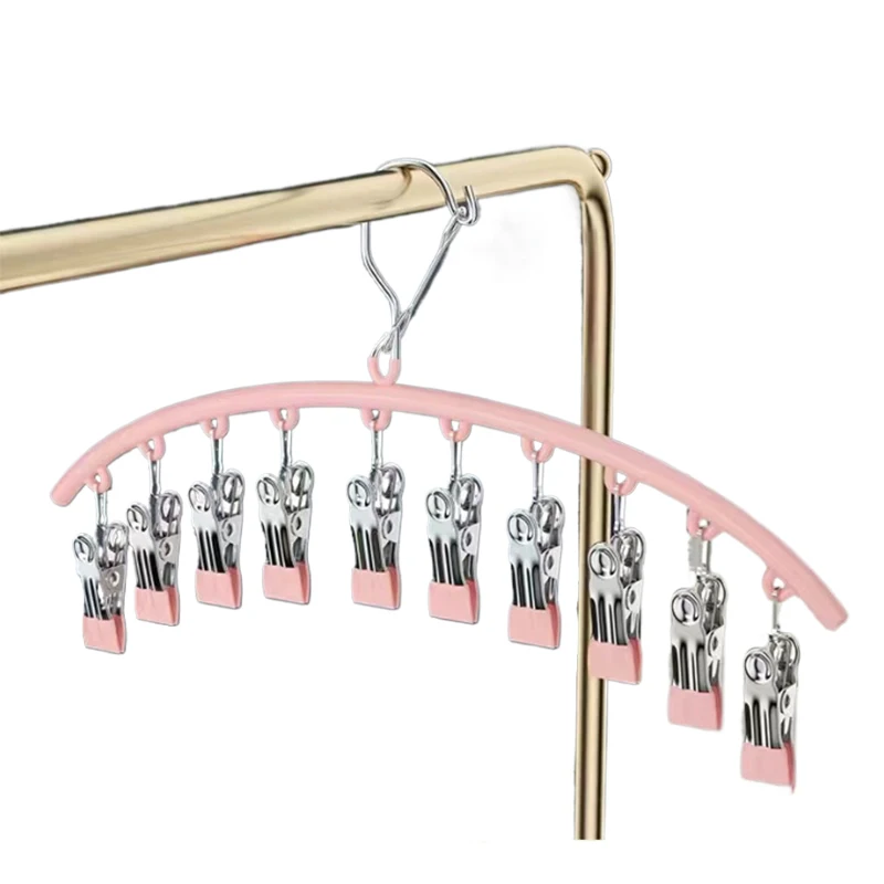 

1Pc Pink/Green Hanger Space Saving Curved Hanger For Yoga Pants And Leggings Closet Organizer With 10 Clips For Clothing Store