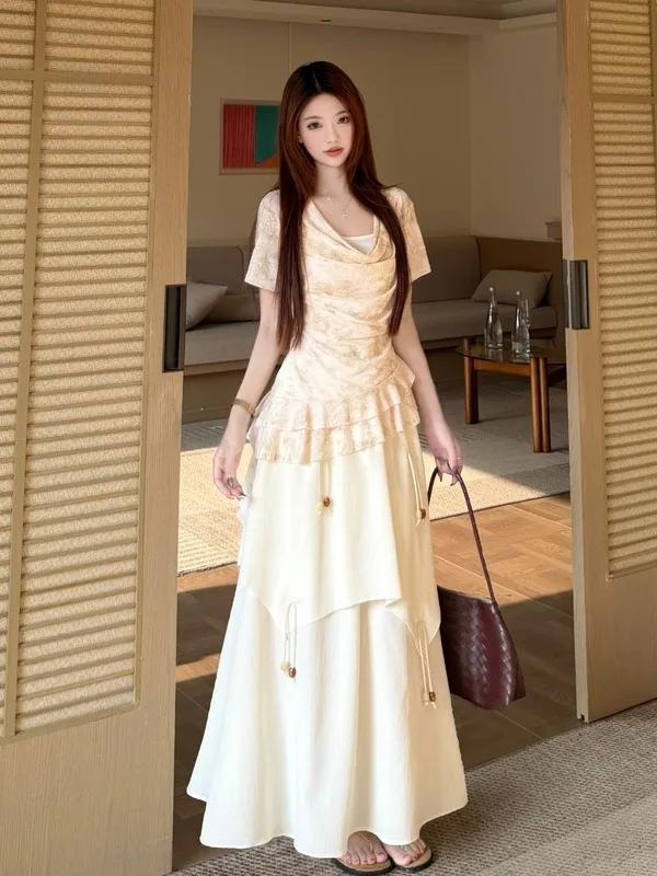 

plus Size Summer Vacation Half Skirt Irregular High Waist Short Sleeve Women's Fashion Set Korean Style Slim Fit Bright Thread
