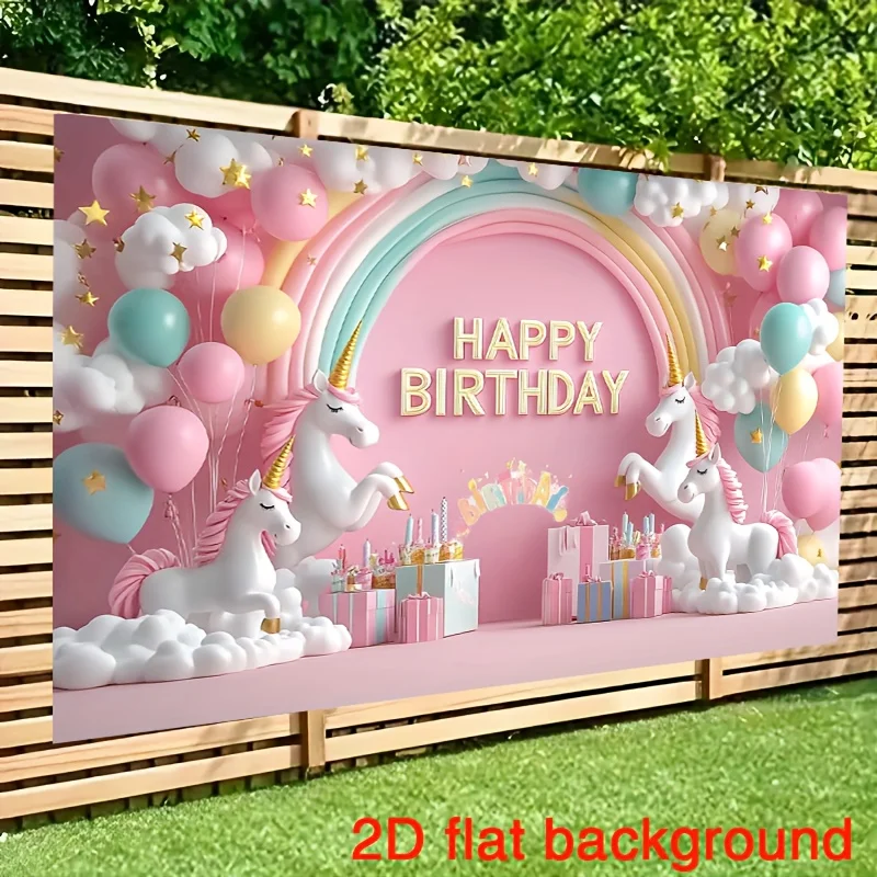 2D flat, 1pc rainbow and unicorn birthday party background - whimsical polyester banner, unicorn birthday party decoration - view 6