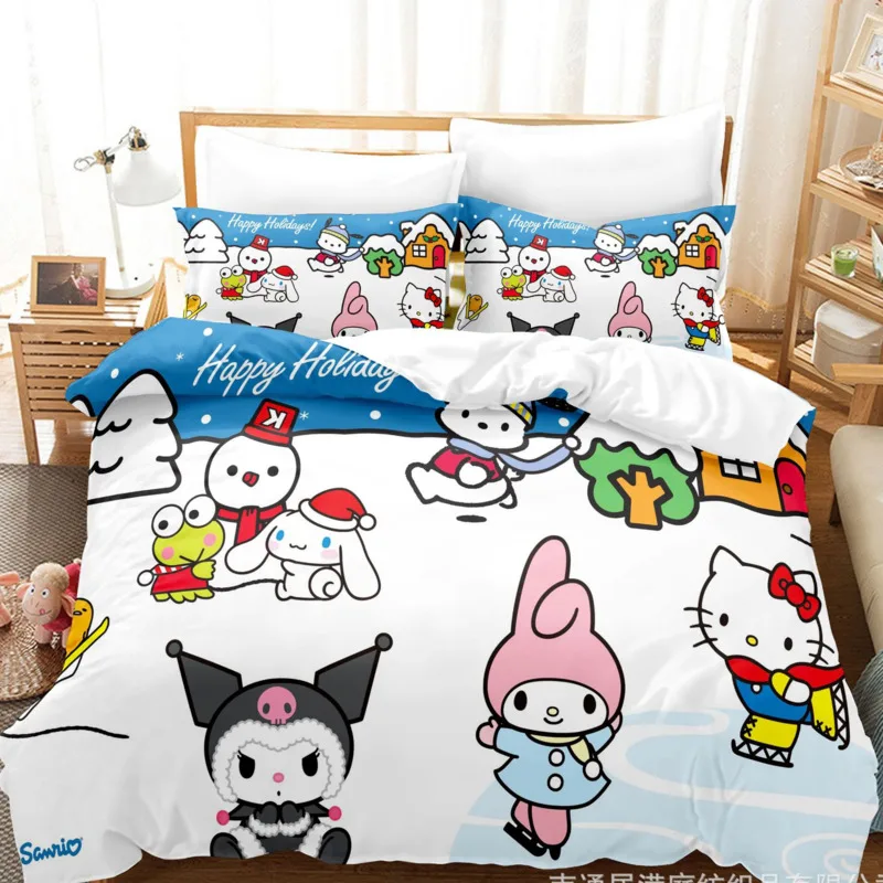 Cartoon Anime Sanrio Bedding Set Hello Kitty Kuromi Melody Quilt Duvet Cover Pillowcase Pompompurin Cinnamoroll Girls Bed Set