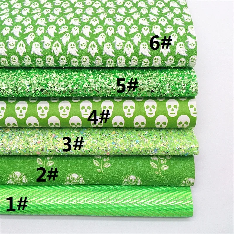 Halloween Faux Leather Sets Green Glitter Leather Sheets Skulls Ghots Printed Synthetic Leather for DIY Craft 8.2