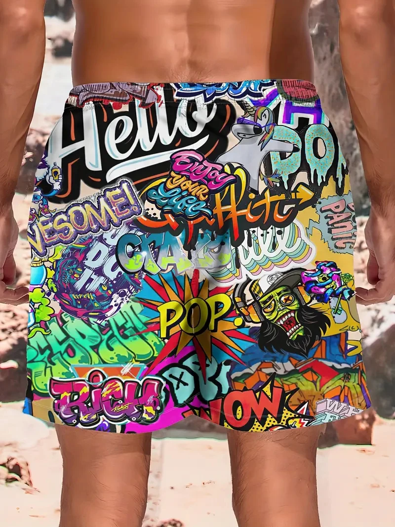 Men's Shorts Fashion Graffiti Pattern 3D Printing Men's Casual Drawstring Shorts New Summer Leisure Quick Drying Sport Trunks