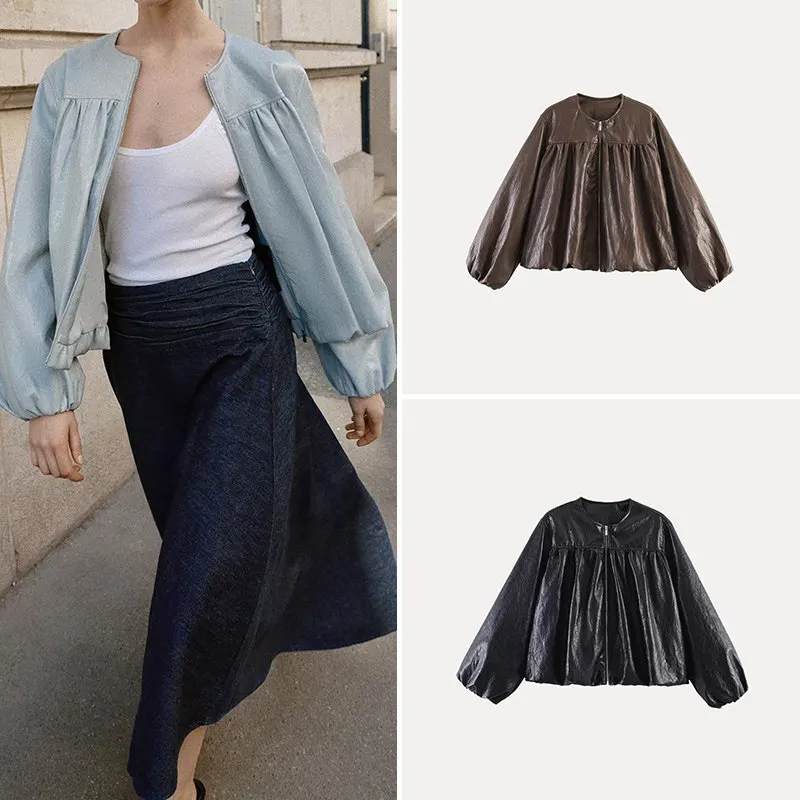 

Summer Casual Style Women's Jacket Long Sleeve Zipper round Neck Balloon Coat Outerwear Zadata Loose Fit Short Length