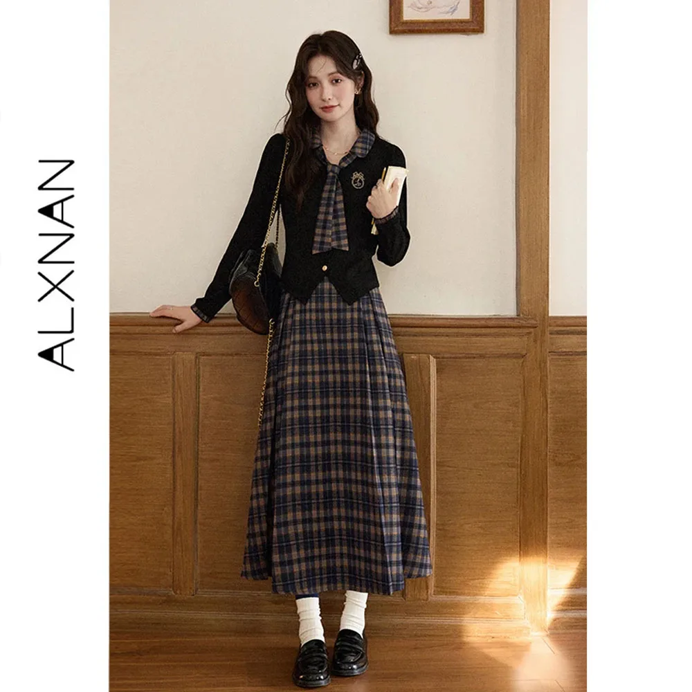ALXNAN Long Plaid Skirt Women Navy Blue A-line Pleated Vintage Elegant Skirt 2026 Trend Autumn Winter Female Clothing L56907