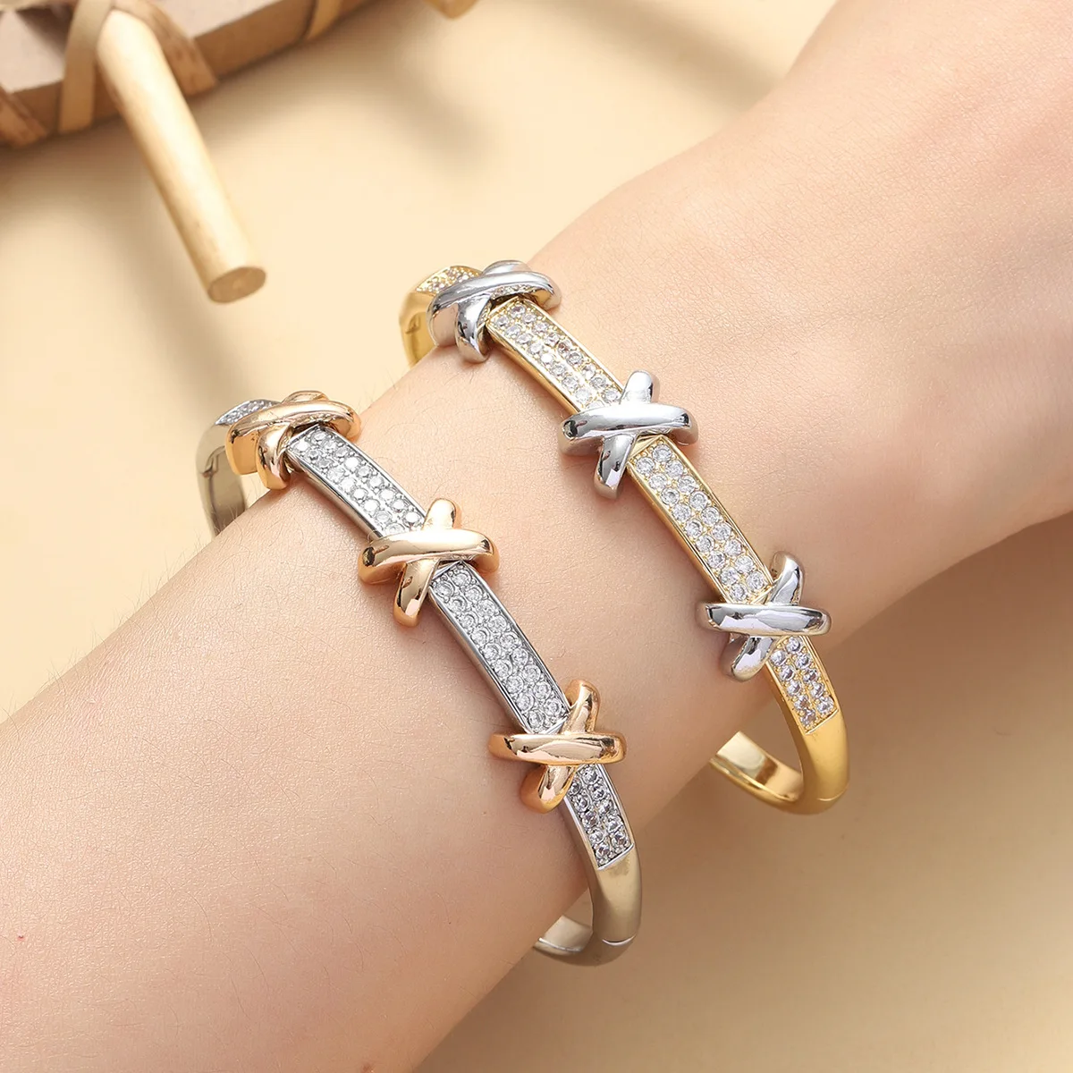 Women's Bracelet, European American Style Luxury Vintage Court Design, Micro-inlaid Zircon X Letter Two-tone, Best Seller