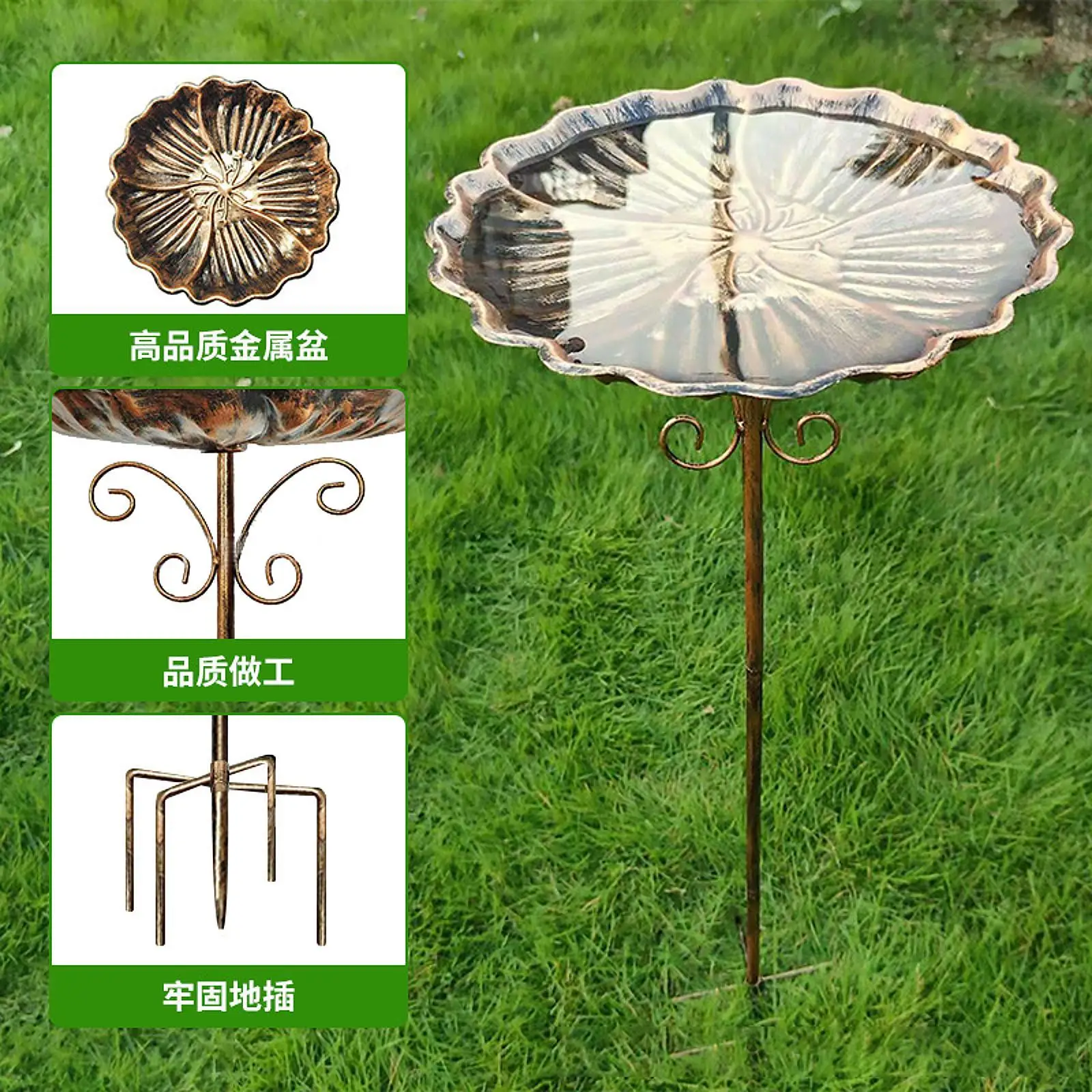 Bird Bath Bowl Outdoor Birdbath Versatile Metal Feeder with Stake for Backyard Garden Outside Balcony Decoration