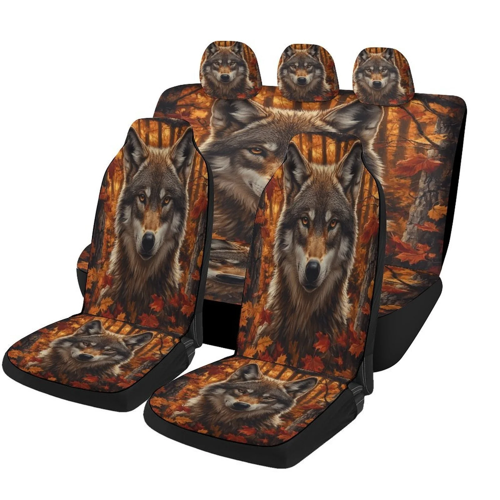 Autumn Wolf Themed Car Seat Cover Set - Trendy High-Quality Polyester Full Set For 2 Front & Rear Seats, Fashionable Animal Prin