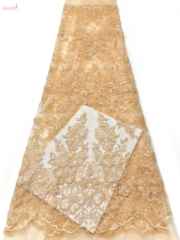 

OLOEY Luxury African Nigerian Groom Sequin Beaded Lace Fabric 2026 French Gold Mesh Lace Fabric for Party Wedding Dress Sewing 5