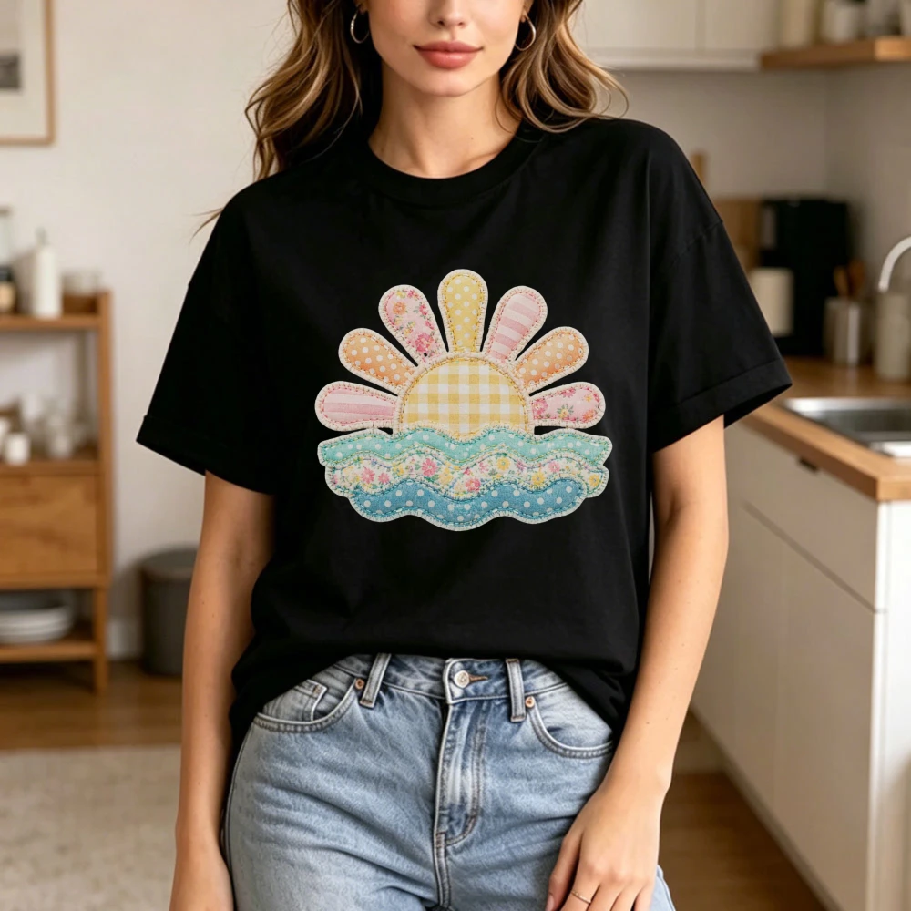 Patchwork Gingham Floral Sun Ocean Waves Graphic Printed T-Shirt Cottagecore Boho Country Aesthetic Shirt Women Summer Cotton T